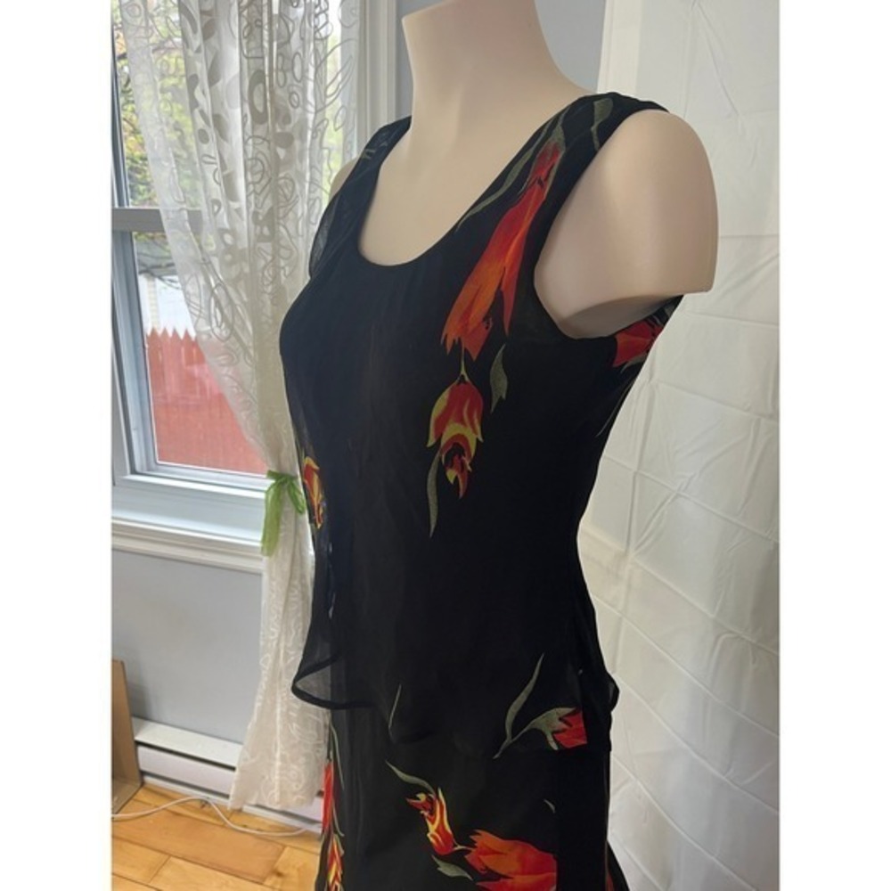 Nikky Vintage Floral Chiffon Maxi Dress Ruffle Tiered Black Red Orange - Picture 3 of 11